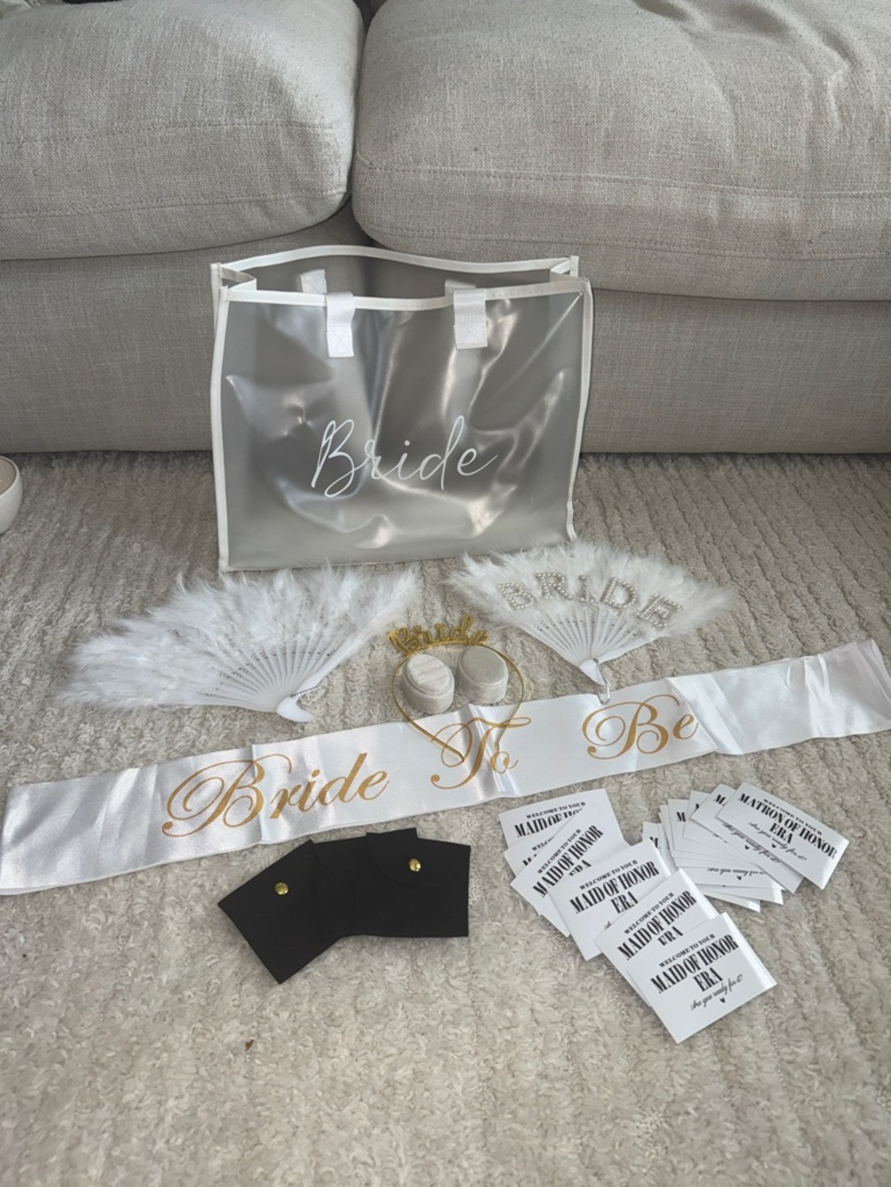 WHOLE SET! Bride To Be Party Kit - White and Gold Bridal Tote Bag & Accessories